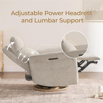 CHITA Power Recliner Chair, Electric Triple-Motor Swivel Glider Nursery Rocking Chair with Adjustable Power Headrest and Lumbar Support, Solid Wood Base, Khaki Grey