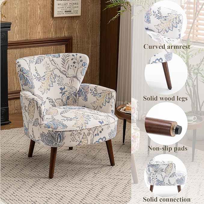 Floral Accent Chair, Upholstered Living Room Chairs with Solid Wood Legs, Mid Century Modern Velvet High Back Armchair for Living Room, Bedroom, Blue