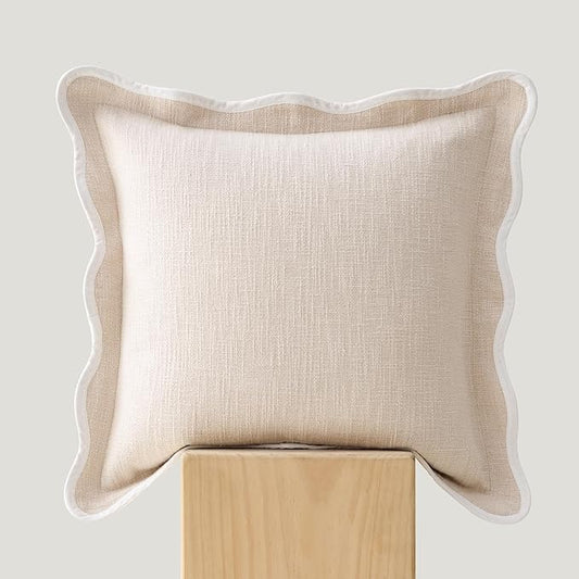 Double Stitch Scalloped Throw Pillow Covers - 100% Cotton Decorative Boho Pillow Covers 18 x 18, Made in India, Square Cushion Case, Modern Home Decor for Couch Sofa Living Room, Oat Milk