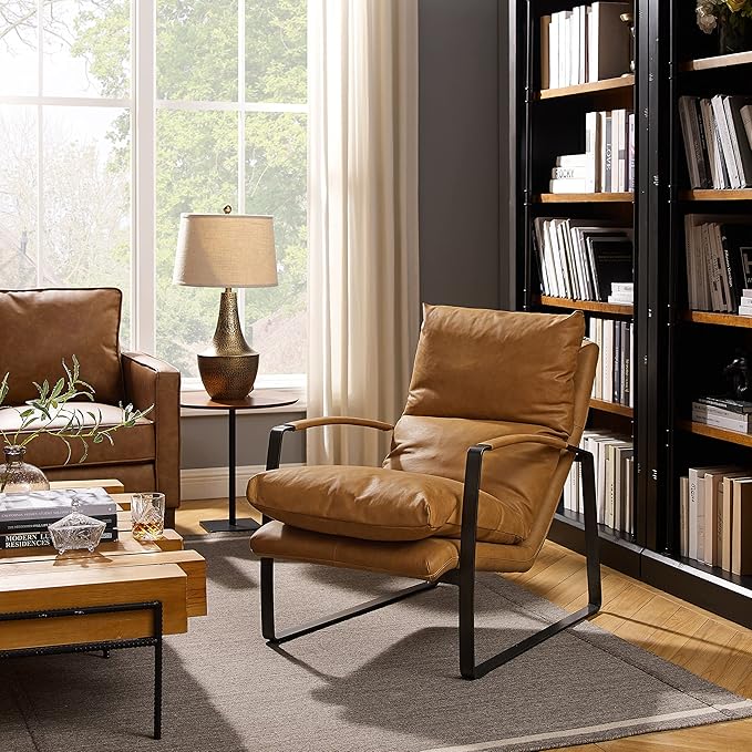 Art Leon Genuine Leather Accent Chair, Mid Century Modern Living Room Chair Lounge Chair with Black Metal Frame, Light Brown