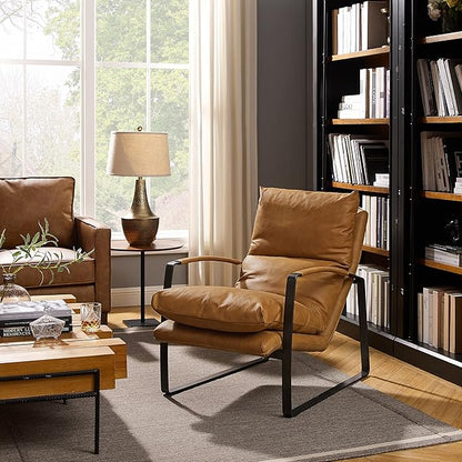 Art Leon Genuine Leather Accent Chair, Mid Century Modern Living Room Chair Lounge Chair with Black Metal Frame, Light Brown