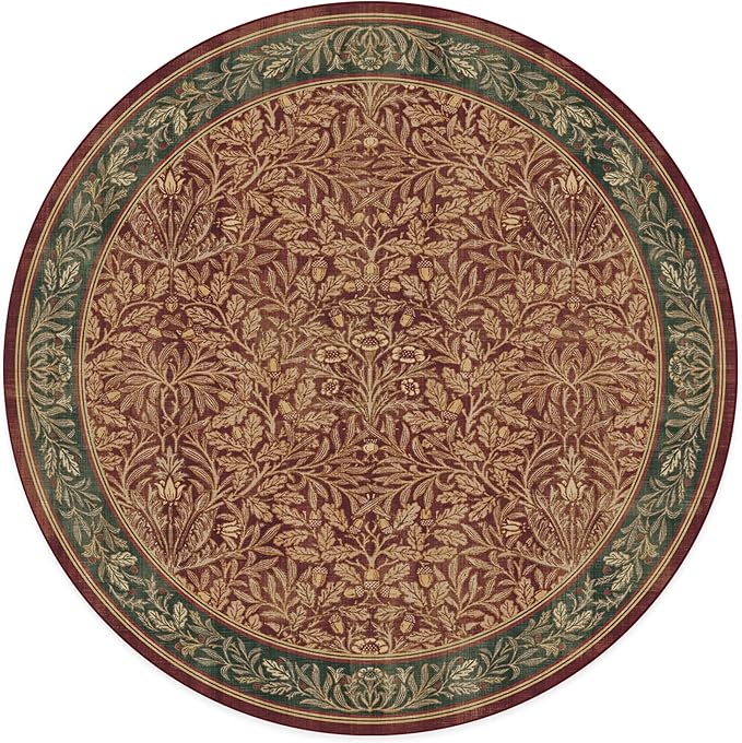 RUGGABLE x Morris & Co Machine Washable Christmas Area Rug – Acorn Amber Red 8 ft Round, Stain-Resistant, Non-Slip – Large Rugs for Living Room, Bedroom, Hallway, Entryway & Office–with Standard Pad