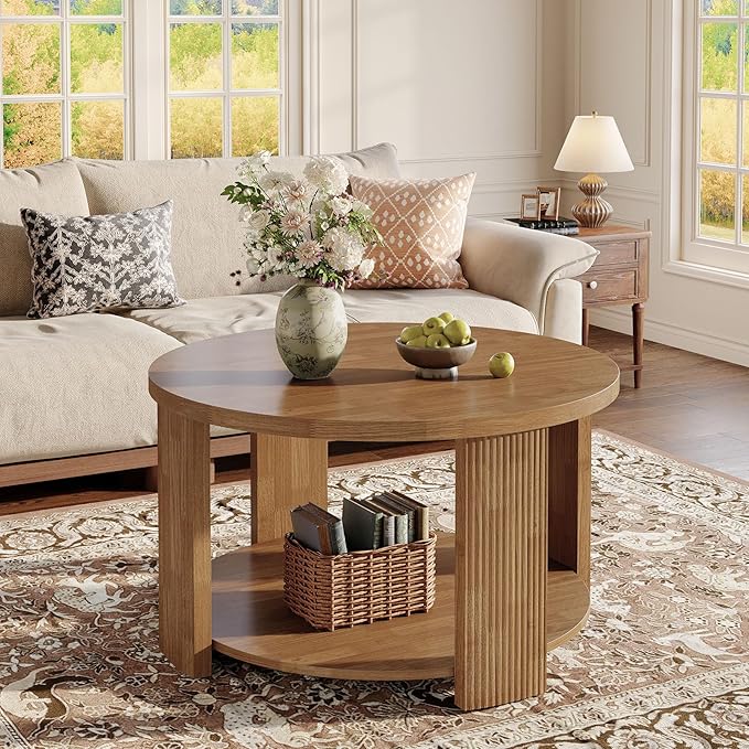 Tribesigns 2-Tier Round Coffee Table for Living Room, 31.5-Inch Mid-Century Modern Circle Accent Center Table with Thick Tabletop, Farmhouse Low Cocktail Tea Furniture, Easy Assembly (Rustic Brown)
