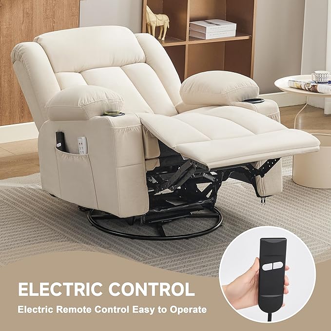 Power Swivel Rocker Recliner Chair with Heat and Massage, USB and Type-C Charging Port, Electric Glider Rocking Chairs, Oversized Recliner Chairs for Adults(Fabric, Beige)