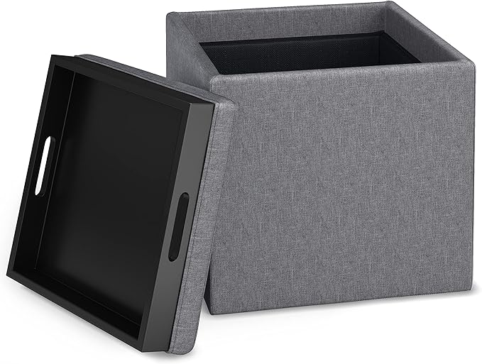 SIMPLIHOME Rockwood 18 inch Wide Contemporary Square Cube Storage Ottoman with Tray in Slate Grey Linen Look Fabric, Assembled, For the Living Room, Entryway and Family Room