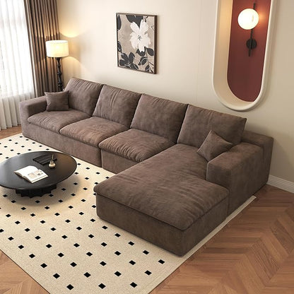 136.6'' L-Shaped Modern Modular Sectional Cloud Couch, 4-Seat Chenille Deep-Seat Sofa with Pillow for Living Room, Bedroom, Apartment, Camel