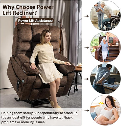 Oversized Zero Gravity Power Lift Recliner Chair for Elderly Adults Big Man Electric Lay Flat Recliner Triple Motor with Heat and Massage, Adjustable Seat Height, Arm Storage, Cup Holder