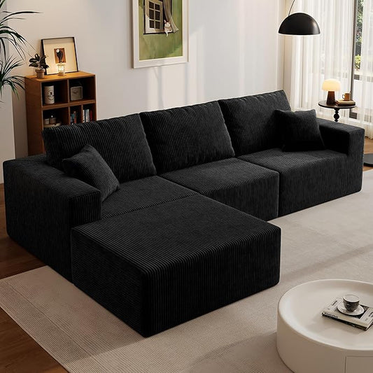 110" Boneless Cloud Sectional Couch for Living Room, Compressed Modular L-Shaped Sofa with Deep Seat, Frameless Corduroy Couch in Boxes, No Assembly Required 3-Seater (Left-Facing Chaise, Black)