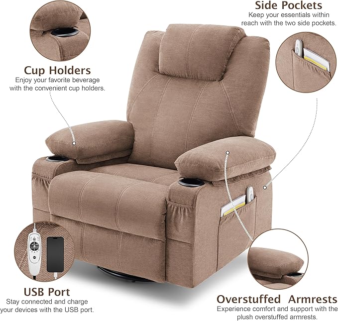 Oversized Swivel Rocker Recliner Chair with Heat and Massage, Large Big Recliner Chair for Living Room, 360 Degree Swivel Rocking Single Sofa with Cup Holders and USB Port(Fabric, Nut Brown)