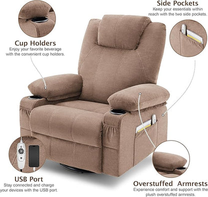 Oversized Swivel Rocker Recliner Chair with Heat and Massage, Large Big Recliner Chair for Living Room, 360 Degree Swivel Rocking Single Sofa with Cup Holders and USB Port(Fabric, Nut Brown)