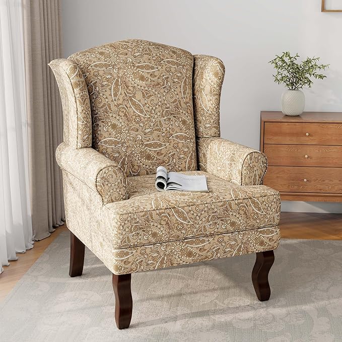 Accent Chair Set of 2, High Back Upholstered Armchair with High Resilience Sponge & Wood Legs, Mid-Century Modern Comfy Single Sofa Reading Chairs for Living Room, Bedroom-Floral Light Brown