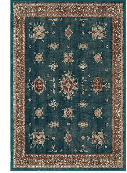 RUGGABLE Washable Vintage Area Rug – Verena Teal Blue 6x9, Stain-Resistant, Non-Slip – Medium Machine Washable Rugs for Living Room, Bedroom, Hallway, Entryway & Office–with Cushioned Pad