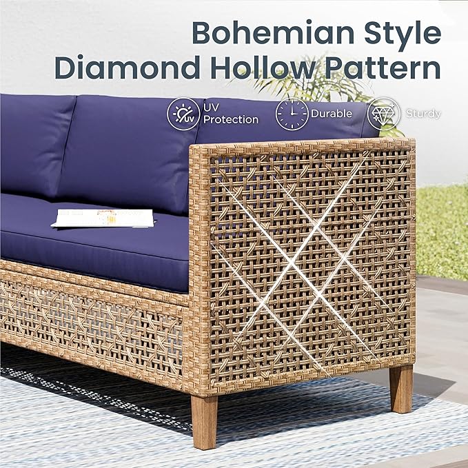 PHI VILLA Wicker Patio Furniture Set, 6 Seats Sectional Outdoor Sofa with Cushions and Acacia Wood Coffee Table, Patio Conversation Set for Garden, Backyard or Balcony, Navy Blue