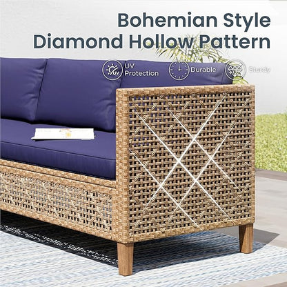 PHI VILLA Wicker Patio Furniture Set, 6 Seats Sectional Outdoor Sofa with Cushions and Acacia Wood Coffee Table, Patio Conversation Set for Garden, Backyard or Balcony, Navy Blue