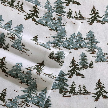 Eddie Bauer - Flannel Sheets Full Size, Anti-Pilling & Wrinkle Resistant Cotton, Touchably Soft for All-Season Comfort - Bed Sheets with Matching Pillowcases & Fitted Sheet (Snowy Pine Trees Green)