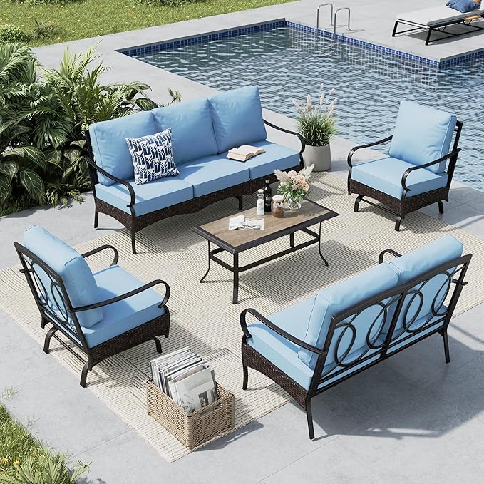 MFSTUDIO 5 PCS Outdoor Patio Furniture Set, Metal Outdoor Conversation Set, Rattan Wicker Patio Sectional Sofa Set with 2 x Rocking Single Sofa, 2-Seat and 3-Seat Sofa, 1 x Coffee Table, Blue