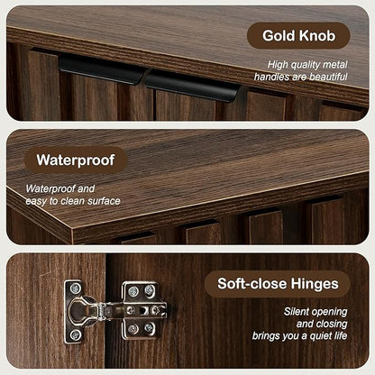 Fluted Cabinet with Storage, Buffet Cabinet Sideborad with Door, Kitchen Buffet Storage Accent Cabinets with Adjustable Shelves for Living Room, Entry, Hallway, Brown, Walnut