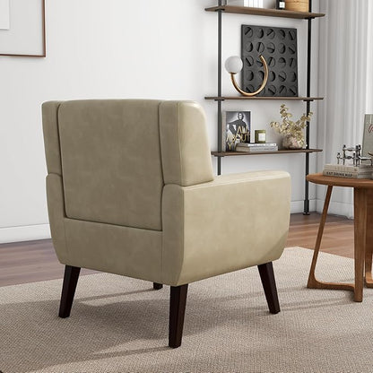 Accent Chair, Mid-Century Modern PU Leather Chairs with Arms for Living Room, Comfy Upholstered Club Single Sofa Armchair for Bedroom Waiting Room with Solid Wood Frame