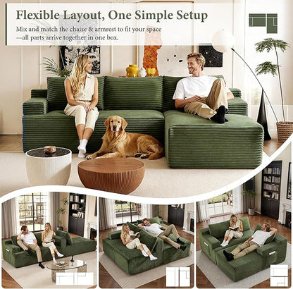 96''Sectional Couches for Living Room,Modern Modular Sectional Sofa,Upholstered Boneless Couch with Pockets,Comfy Cloud Couch with L Shaped Chaise(Green, 96''W Right Facing Chaise)