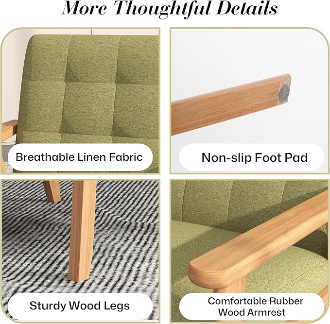 KCC Mid-Century Modern Linen Fabric Accent Chair, Upholstered Leisure Chair Comfy Reading Side Chair with Armrest and Solid Wood Frame for Living Room Bedroom Balcony(Green)