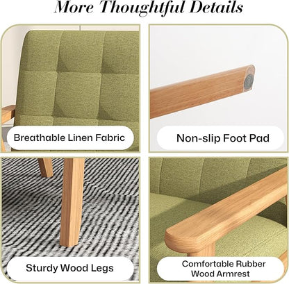 KCC Mid-Century Modern Linen Fabric Accent Chair, Upholstered Leisure Chair Comfy Reading Side Chair with Armrest and Solid Wood Frame for Living Room Bedroom Balcony(Green)