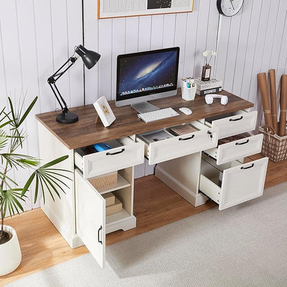 60" Farmhouse Executive Desk with Charging Station,Home Office Desk with 4 Drawers & 1 Cabinet&1 File Cabinet,Main Drawer with Lock,Wood Desk for Office and Home