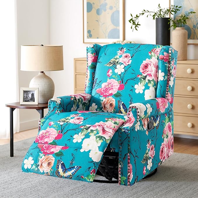 Pia Ricco Swivel Glider Recliner Chairs Set of 2, High Back Rocker Reclining Accent Chair with Smooth Manual Mechanism for Nursery, Comfortable & Quiet Upholstered Armchair Seating-Peacock Blue Rose