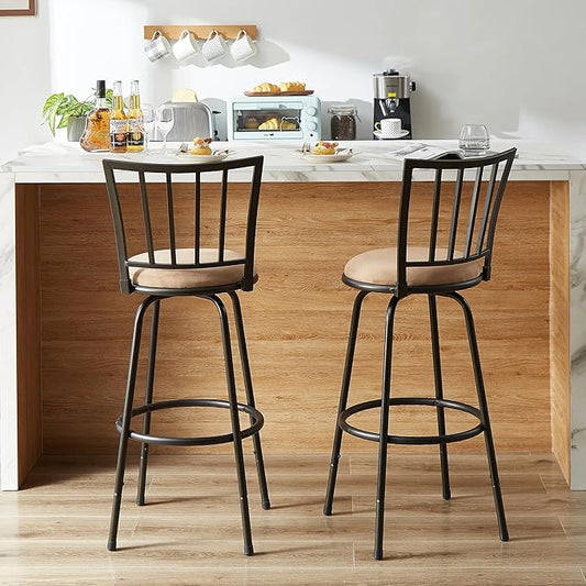 VECELO Bar Stools Adjustable Height, 24/29" Barstool Swivel Counter Stool with Upholstered Seat,Steel Bistro Pub Chairs, Straight Line Backrest