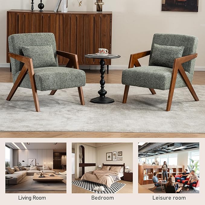 Mid-Century Modern Accent Chair with Solid Wood Frame，Upholstered Chenille Living Room Arm Chairs with Pillow for Bedroom, Living Room, Balcony, Reading Room, Green
