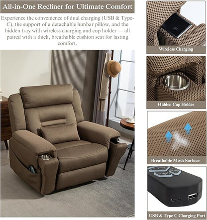 Big Man 400 lbs Recliners 28 Inch Wide Seat, Oversized Power Lift Recliner for Elderly Adults with Heat Massage, Lay Flat Recliner Chair Cup Holder & Wireless Phone Charger, USB Type C Charging