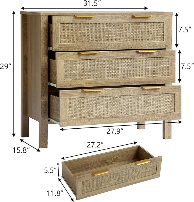 3 Drawer Dressers for Bedroom, Rattan Dresser with Drawers, Modern Wood Dresser with Metal Handles, Chest of Drawers for Bedroom, Living Room, Entryway (3 Drawer)