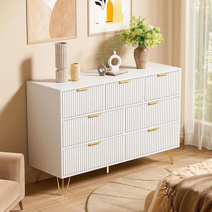 Dresser for Bedroom, Modern Fluted 47.2" Wide Chest of Drawers with Gold Pulls and 7 Drawers, 15.7" D x 47.2" W x 31.4" H, White
