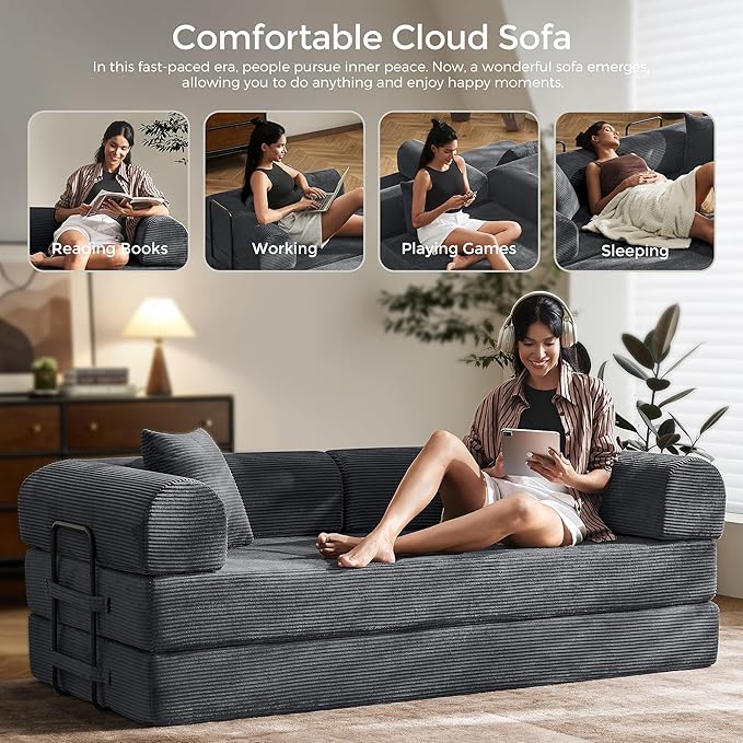 79" Convertible Sofa Bed with Fixed-Shape Frame & Removable Armrests, Modular Corduroy Sleeper Sofa, Folding Mattress Couch for Small Spaces - No Assembly Needed in Dark Gray (Includes 2 Pillows)
