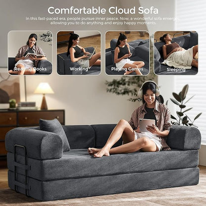 79" Convertible Sofa Bed with Fixed-Shape Frame & Removable Armrests, Modular Corduroy Sleeper Sofa, Folding Mattress Couch for Small Spaces - No Assembly Needed in Dark Gray (Includes 2 Pillows)