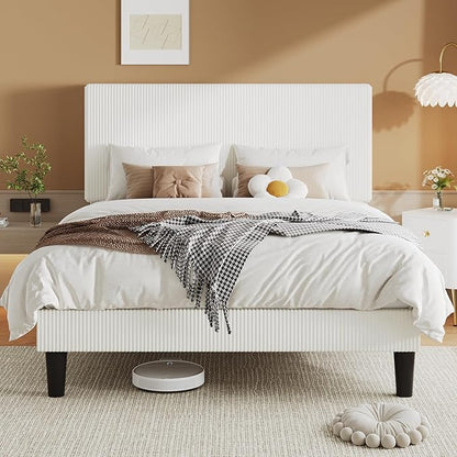 Allewie Queen Size Upholstered Bed Frame with Vertical Channel Tufted Headboard, Soft Corduroy Fabric Platform Bed, Strong Wooden Slats Support, Easy Assembly, No Box Spring Needed, White