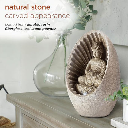 Alpine Corporation WIN322 Indoor/Outdoor Tabletop Buddha Fountain with LED Lights, Soothing Buddha Garden Fountain 11", Beige