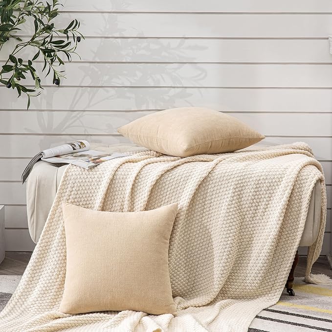 GAWAMAY Decorative Square Throw Pillow Covers 18"x18" Inch Set of 2, Super Soft Chenille Pillows Farmhouse Fall Pillowcase for Living Room Bedroom Sofa Couch Cushion Cover Beige 45x45cm (No Insert)