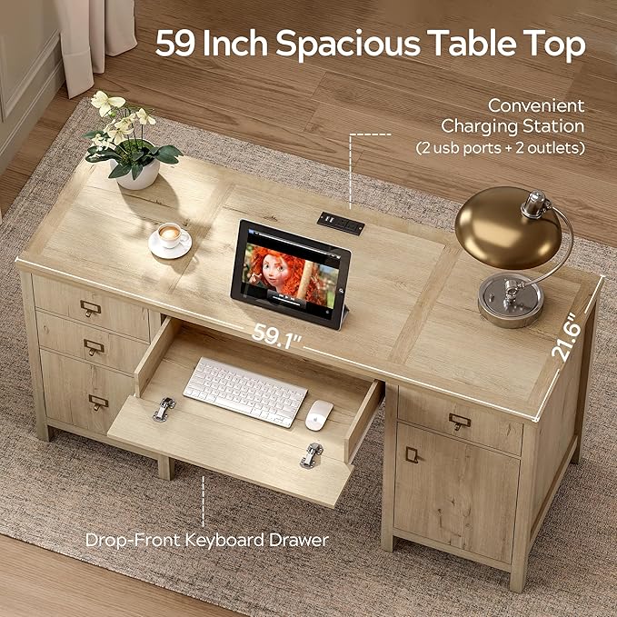 Modern Executive Desk with File Drawers Cabinet,59" Computer Desk with Charging Station, Keyboard Tray, Large Home Office Desk, Farmhouse Wood Desk for Study, Writing, Light Oak