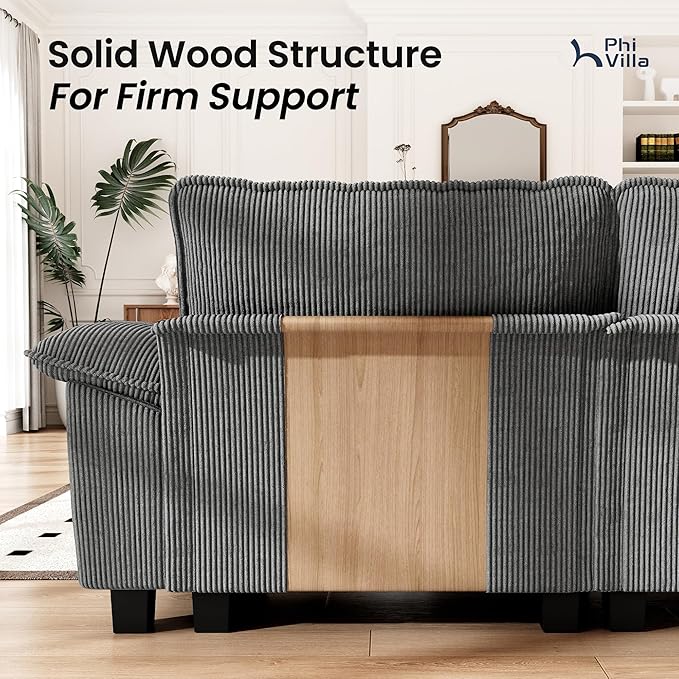 PHI VILLA Cloud Modular Couch Sets, 157.5" Large Sectional Sofa with U-Shaped Chaise, 6-Seater Couches with Movable Ottomans for Living Room, Corduroy Fabric, Grey