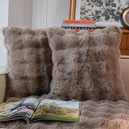 Neelvin Brown Faux Fur Cozy Soft Double-Sided Decorative Throw Pillow Covers 18x18 inch Set of 2,Velvet Pillowcase Cushion Case for Sofa Couch