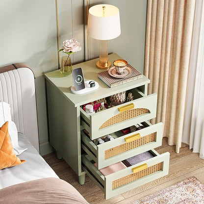 Tribesigns Mint Green Nightstand, 3-Drawer Rattan Night Stand Side Table, Accent Bedside Tables End Table for Bedroom and Small Spaces, Easy Assembly (2, Green)