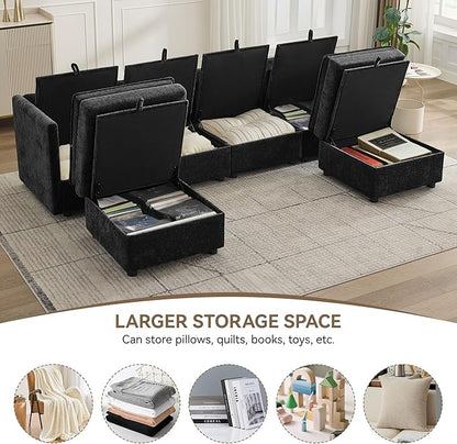 105" Cloud Modular 4 Seater Sofa with 2 Storage Ottoman, Modern Upholstered Sofa Storage Sofa Couch Deep Seat, U Shape Sectional Sofa Chenille Comfy Couch with Armrests for Living Room, Black