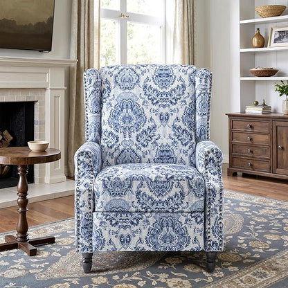 Recliner Chair, Upholstered Wingback Floral Pushback Armchair with Adjustable Backrest & Footrest, Comfy Accent Chair Reading Single Sofa for Small Spaces, Living Room, Bedroom-Navy Blue, Set of 2