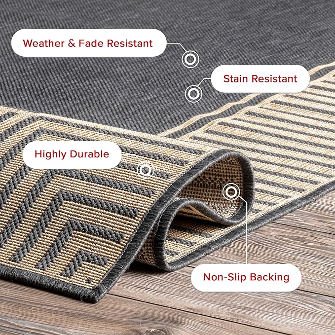 nuLOOM 10' x 13' Outdoor Area Rug, Casual Design with Striped Border, Stain Resistant, Highly Durable, for Patio, Balcony, Bedroom, Living Room, Dining Room, Bathroom, Dark Grey