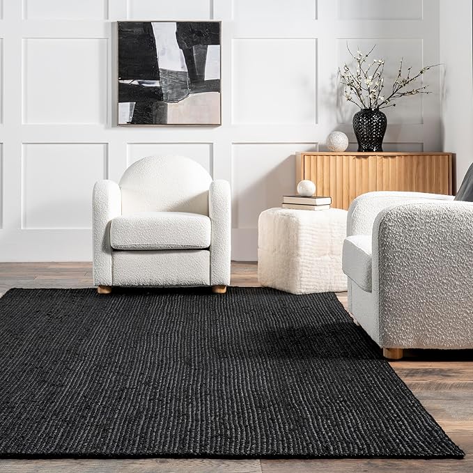 nuLOOM 9x12 Rigo Jute Hand Woven Area Rug, Black, Solid Farmhouse Design, Natural Fiber, For Bedroom, Living Room, Dining Room, Hallway, Office, Kitchen, Entryway