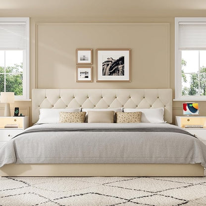 King Upholstered Headboard Only for Bed Frame from 65”-78”, Adjustable Height King XL Headboards with Durable Wood Legs, Fabric Bed Board in Modern Button Design, Beige