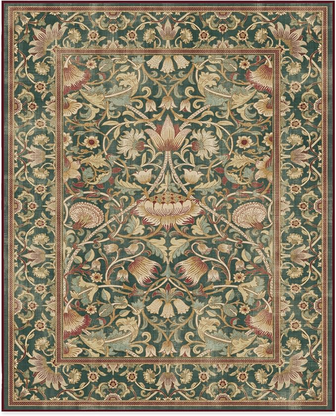 RUGGABLE x Morris & Co Machine Washable Area Rug – Lodden Soft Evergreen & Gold 8x10, Stain-Resistant, Non-Slip – Large Rugs for Living Room, Bedroom, Hallway, Entryway & Office–with Standard Pad