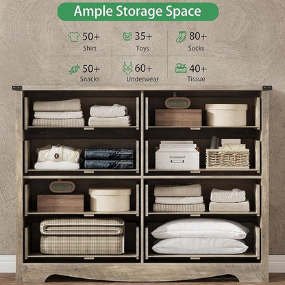 Dresser for Bedroom with 8 Drawers, 54" Wide Wood Chest of Drawers with Deep Drawers & Mental Handle, Modern Dresser TV Stand, Wooden Closet Storage Organizer for Living Room, Hallway, Entryway, Grey