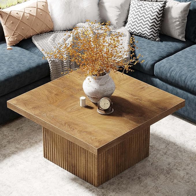 Tribesigns Square Coffee Table, 31.5-Inch Fluted Coffee Table, Mid-Century Modern Living Room Table, Large Cocktail Table for Living Room, Easy Assembly, Yellow