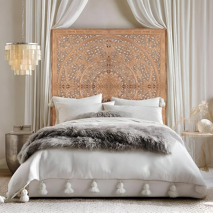 King Wood Headboard Rustic | Carved Full Head Board Only | Wooden Wall Art Full Size Bed | Wall Mount Decor King or Queen | Bed Headboard Panels